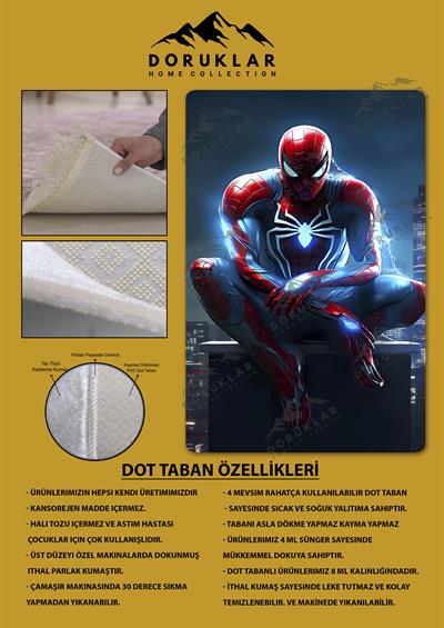 Kaymaz Taban Makinada Yıkanabilir Dijital Baskı SpiderMan Desenli Genç ve Çocuk Odası Halısı Dot Taban Hal