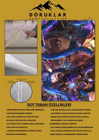 Kaymaz Taban Makinada Yıkanabilir Dijital Baskı Arcane Jinx ve Vi Desenli Genç Odası Halısı Dot Taban Halı