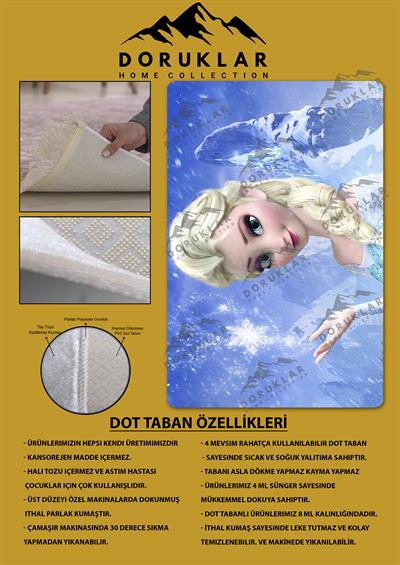 Kaymaz Taban Makinada Yıkanabilir Dijital Baskı Elsa Frozen Desenli Genç Odası Halısı Dot Taban Halı GNC65