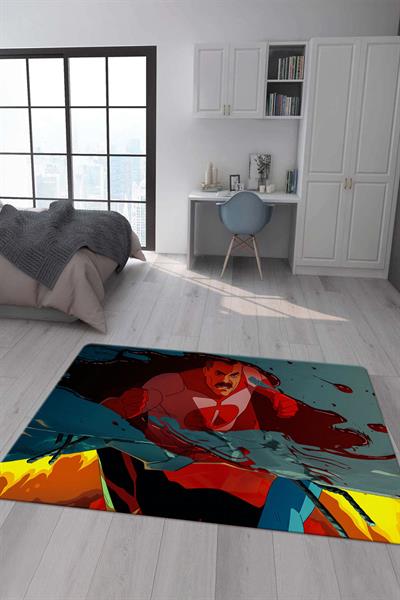 Kaymaz Taban Makinada Yıkanabilir Dijital Baskı Invincible Desenli Çocuk Odası Halısı Dot Taban Halı IC05