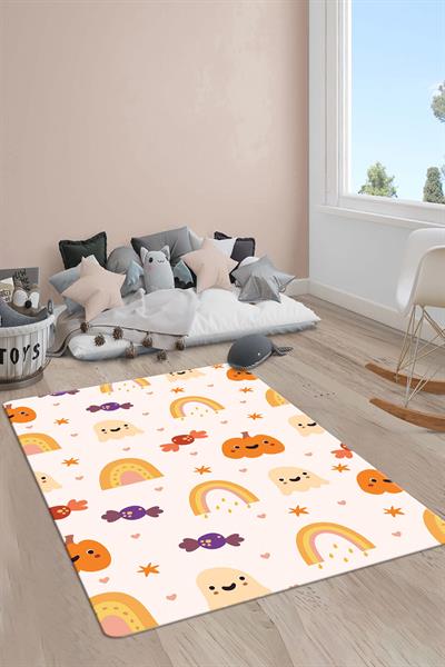Kaymaz Taban Makinada Yıkanabilir Dijital Baskı Gökkuşağı Desenli Çocuk Odası Halısı Dot Taban Halı RB02