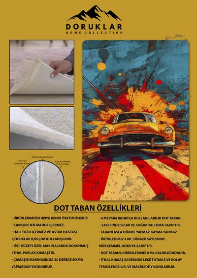 Kaymaz Taban Makinada Yıkanabilir Dijital Baskı Retro Desenli Çocuk Genç Odası Halısı Dot Taban Halı RTR21