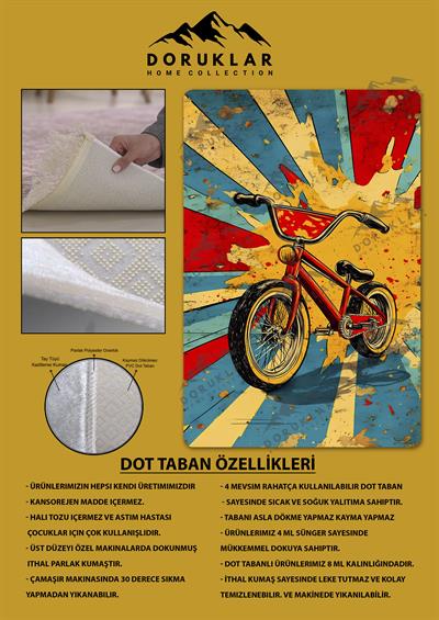Kaymaz Taban Makinada Yıkanabilir Dijital Baskı Retro Desenli Çocuk Genç Odası Halısı Dot Taban Halı RTR14