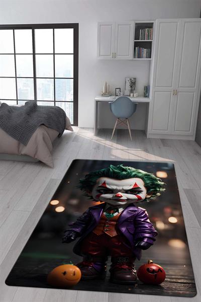 Kaymaz Taban Makinada Yıkanabilir Dijital Baskı Baby Joker Desenli Genç ve Çocuk Odası Halısı Dot Taban Hal