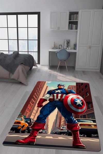 Kaymaz Taban Makinada Yıkanabilir Dijital Baskı Captan America Desenli Genç Odası Halısı Dot Taban Halı GNC07