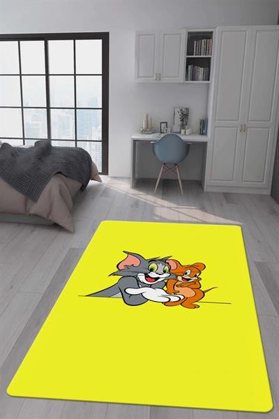 Kaymaz Taban Makinada Yıkanabilir Dijital Baskı Tom ve Jerry Desenli Genç Odası Halısı Dot Taban Halı GNC48