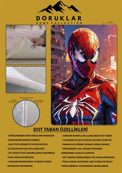 Kaymaz Taban Makinada Yıkanabilir Dijital Baskı Spiderman Desenli Genç Odası Halısı Dot Taban Halı GNC19