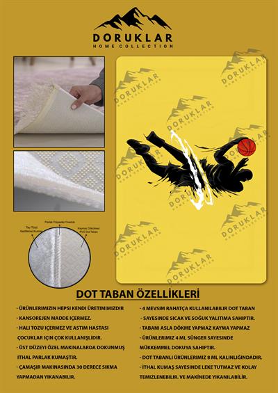 Kaymaz Taban Makinada Yıkanabilir Dijital Baskı Basketbol Desenli Genç Odası Halısı Dot Taban Halı