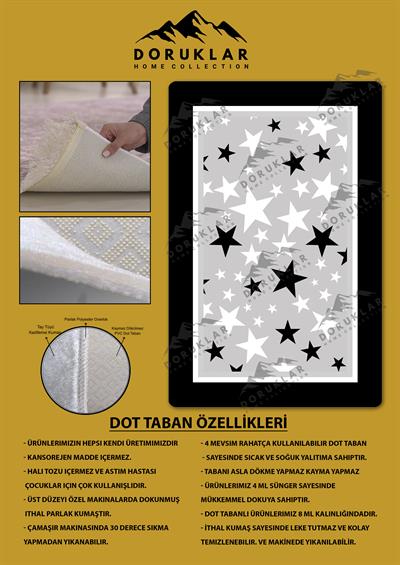 Kaymaz Taban Makinada Yıkanabilir Dijital Baskı Yıldız Desenli Çocuk Odası Halısı Dot Taban Halı 02