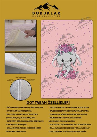 Kaymaz Taban Makinada Yıkanabilir Dijital Baskı Fil Desenli Çocuk Odası Halısı Dot Taban Halı