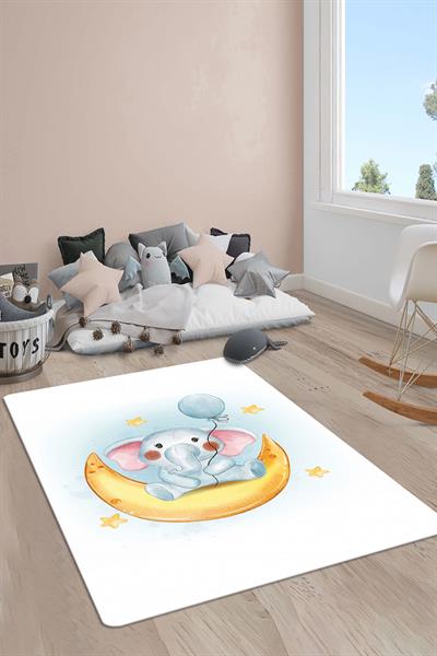 Kaymaz Taban Makinada Yıkanabilir Dijital Baskı Fil Desenli Çocuk Odası Halısı Dot Taban Halı RB10