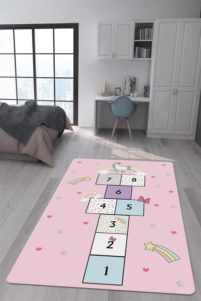 Kaymaz Taban Makinada Yıkanabilir Dijital Baskı Unicorn Seksek Desenli Çocuk Odası Halısı Dot Taban Halı