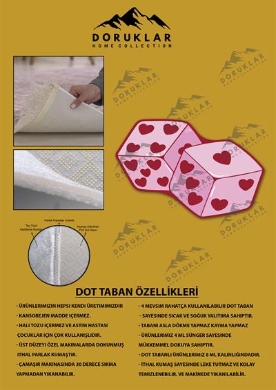 Kaymaz Taban Makinada Yıkanabilir Dijital Baskı Kalpli Zar Desenli Genç Odası Halısı Dot Taban Halı GNC40