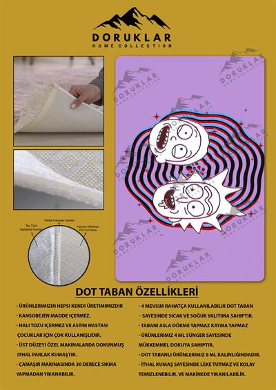 Kaymaz Taban Makinada Yıkanabilir Dijital Baskı Rick and Morty Desenli Çocuk Odası Halısı Dot Taban Halı RM03