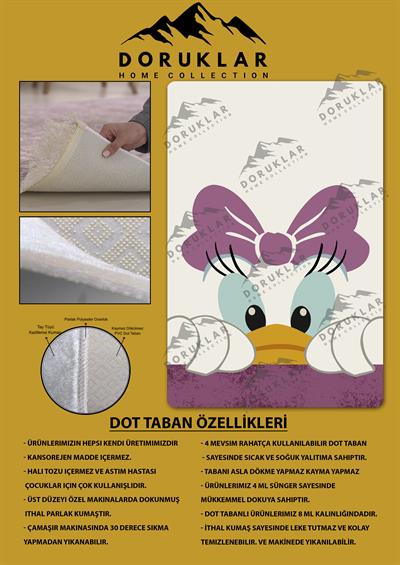 Kaymaz Taban Makinada Yıkanabilir Dijital Baskı Duffy Desenli Çocuk Odası Halısı Dot Taban Halı