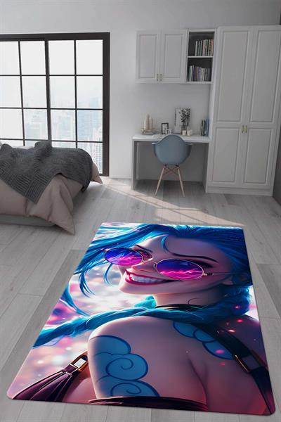 Kaymaz Taban Makinada Yıkanabilir Dijital Baskı Arcane Jinx Desenli Çocuk Odası Halısı Dot Taban Halı ARC06