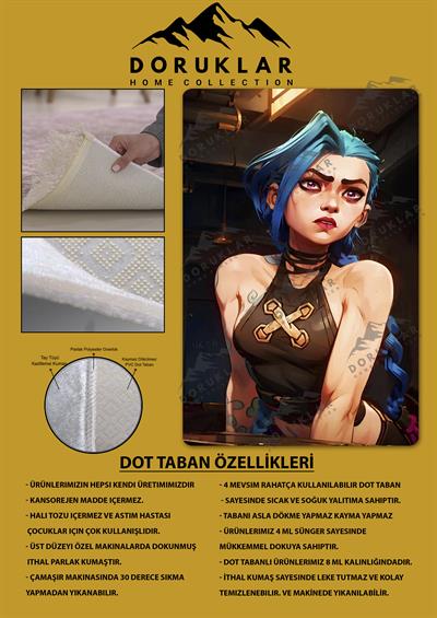 Kaymaz Taban Makinada Yıkanabilir Dijital Baskı Arcane Jinx Desenli Çocuk Odası Halısı Dot Taban Halı ARC03