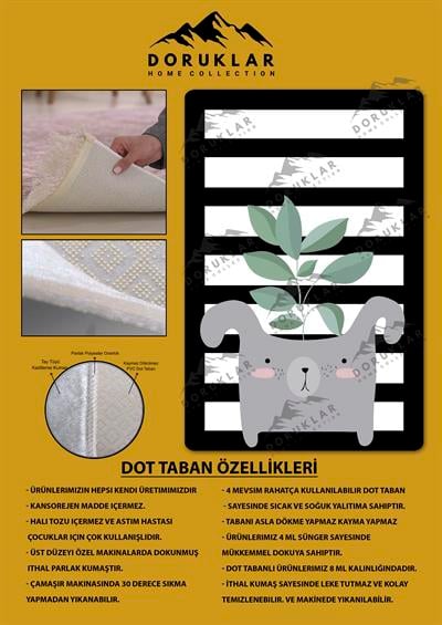 Kaymaz Taban Makinada Yıkanabilir Dijital Baskı Şerit Tavşan Desenli Genç Odası Halısı