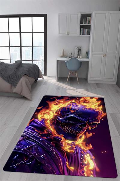 Kaymaz Taban Makinada Yıkanabilir Dijital Baskı Ghost Rider Desenli Genç Odası ve Çocuk Odası Halısı Dot Taban Halı