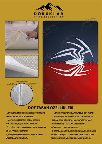 Kaymaz Taban Makinada Yıkanabilir Dijital Baskı SpiderMan Desenli Genç ve Çocuk Odası Halısı Dot Taban Hal