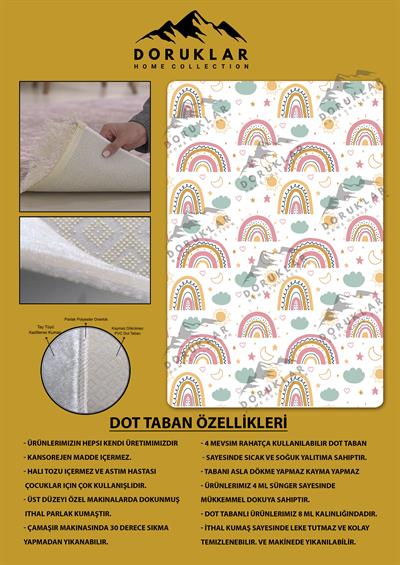 Kaymaz Taban Makinada Yıkanabilir Dijital Baskı Gökkuşağı Desenli Çocuk Odası Halısı Dot Taban Halı RB06