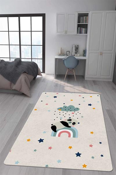 Kaymaz Taban Makinada Yıkanabilir Dijital Baskı Panda Desenli Çocuk Odası Halısı Dot Taban Halı