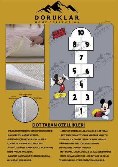 Kaymaz Taban Makinada Yıkanabilir Dijital Baskı Mickey Seksek Desenli Çocuk Odası Halısı Dot Taban Halı