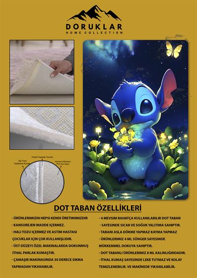 Kaymaz Taban Makinada Yıkanabilir Dijital Baskı Stitch Desenli Çocuk Odası Halısı Dot Taban Halı 0007