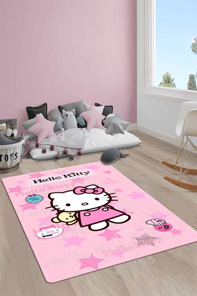 Kaymaz Taban Makinada Yıkanabilir Dijital Baskı Hello Kitty Desenli Çocuk Odası Halısı Dot Taban Halı