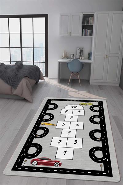 Kaymaz Taban Makinada Yıkanabilir Dijital Baskı Yol ve Seksek Desenli Çocuk Odası Halısı Dot Taban Halı