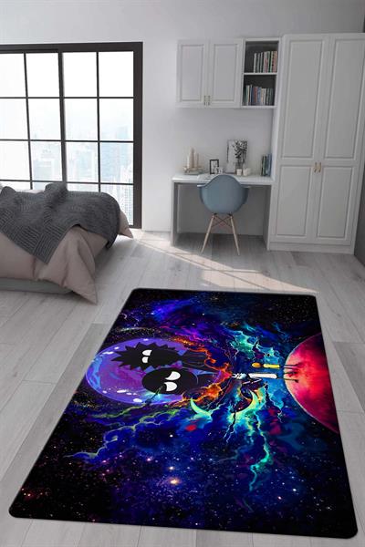 Kaymaz Taban Makinada Yıkanabilir Dijital Baskı Rick and Morty Desenli Genç ve Çocuk Odası Halısı