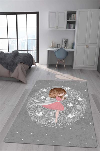 Kaymaz Taban Makinada Yıkanabilir Dijital Baskı Kız Desenli Çocuk Odası Halısı Dot Taban Halı