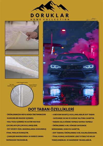 Kaymaz Taban Makinada Yıkanabilir Dijital Baskı Araba Desenli Genç Odası Halısı Dot Taban Halı GNC16