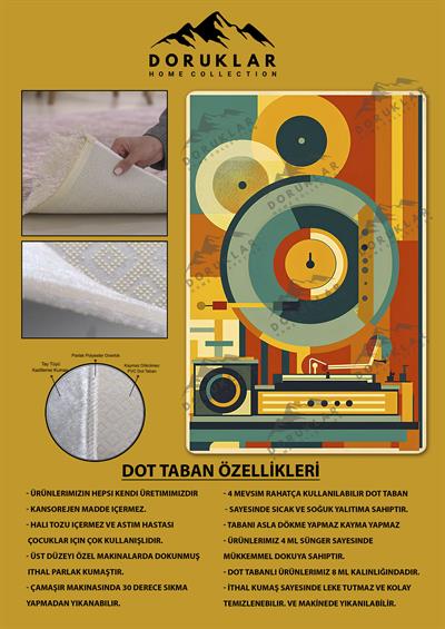 Kaymaz Taban Makinada Yıkanabilir Dijital Baskı Retro Desenli Çocuk Genç Odası Halısı Dot Taban Halı RTR02