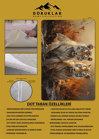 Kaymaz Taban Makinada Yıkanabilir Dijital Baskı Kaplan Desenli Genç Odası Halısı