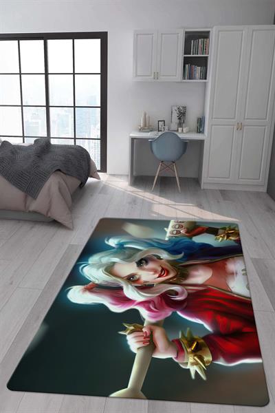 Kaymaz Taban Makinada Yıkanabilir Dijital Baskı Harley Quinn Desenli Genç Odası Halısı