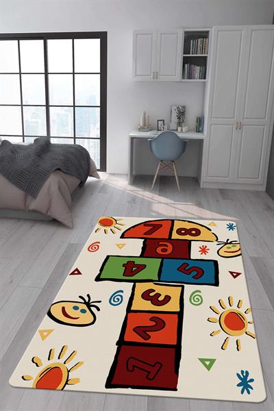 Kaymaz Taban Makinada Yıkanabilir Dijital Baskı Seksek Desenli Çocuk Odası Halısı Dot Taban Halı
