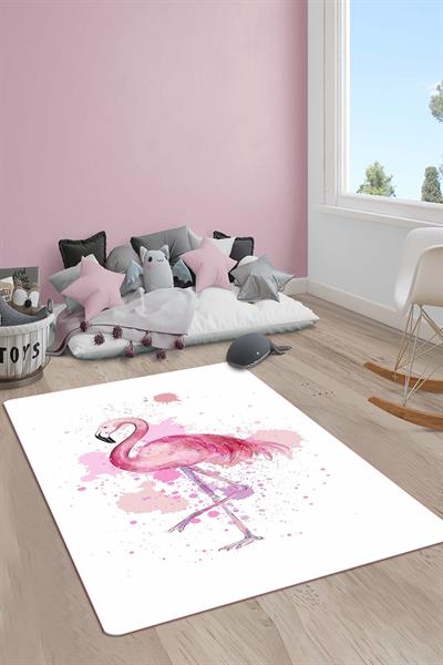 Kaymaz Taban Makinada Yıkanabilir Dijital Baskı Flamingo Desenli Çocuk Odası Halısı Dot Taban Halı