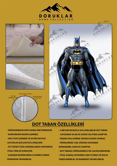 Kaymaz Taban Makinada Yıkanabilir Dijital Baskı Batman Desenli Çocuk Odası Halısı Dot Taban Halı