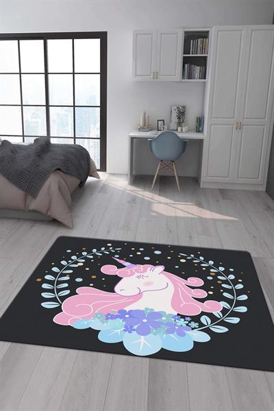 Kaymaz Taban Makinada Yıkanabilir Dijital Baskı Unicorn Desenli Çocuk Odası Halısı Dot Taban Halı