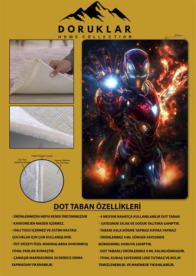 Kaymaz Taban Makinada Yıkanabilir Dijital Baskı İron Man Desenli Genç Odası Halısı Dot Taban Halı GNC13