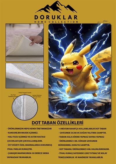 Kaymaz Taban Makinada Yıkanabilir Dijital Baskı Pikachu Desenli Genç Odası Halısı Dot Taban Halı GNC78
