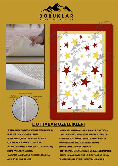 Kaymaz Taban Makinada Yıkanabilir Dijital Baskı Yıldız Desenli Çocuk Odası Halısı Dot Taban Halı 03