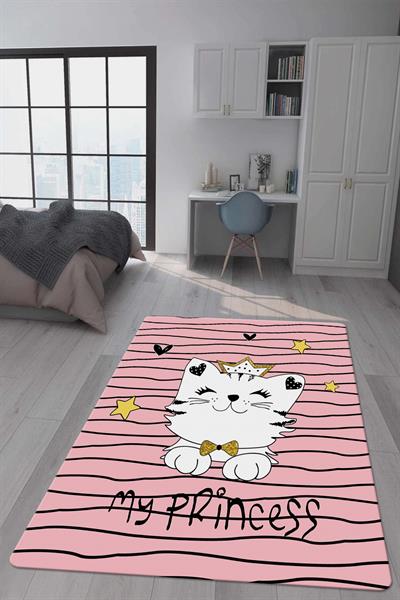 Kaymaz Taban Makinada Yıkanabilir Dijital Baskı Tatlı Kedi Desenli Çocuk Odası Halısı Dot Taban Halı