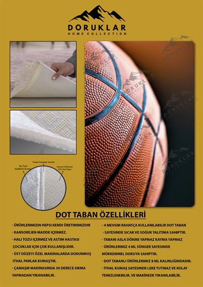 Kaymaz Taban Makinada Yıkanabilir Dijital Baskı Basket Topu Desenli Genç Odası Halısı Dot Taban Halı