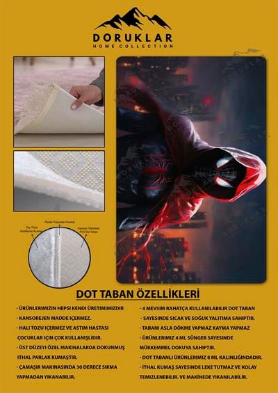 Kaymaz Taban Makinada Yıkanabilir Dijital Baskı Spiderman Desenli Genç Odası Halısı