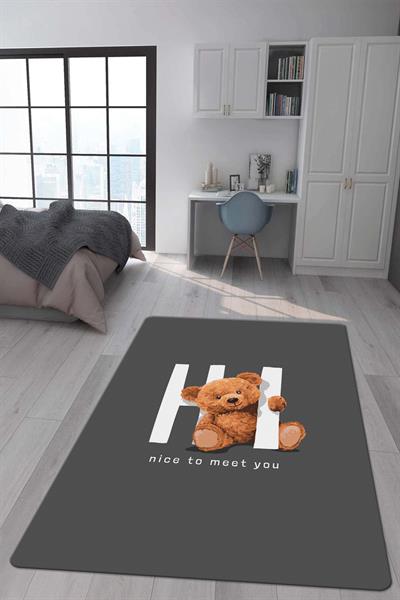 Kaymaz Taban Makinada Yıkanabilir Dijital Baskı Hi Ayıcık Desenli Genç Odası Halısı
