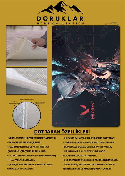 Kaymaz Taban Makinada Yıkanabilir Dijital Baskı Valorant Desenli Genç Odası ve Çocuk Odası Halısı Dot Taban Halı
