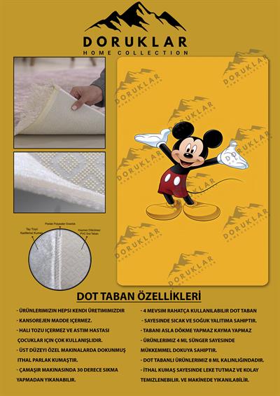 Kaymaz Taban Makinada Yıkanabilir Dijital Baskı Mickey Mouse Desenli Genç Odası Halısı Dot Taban Halı GNC46