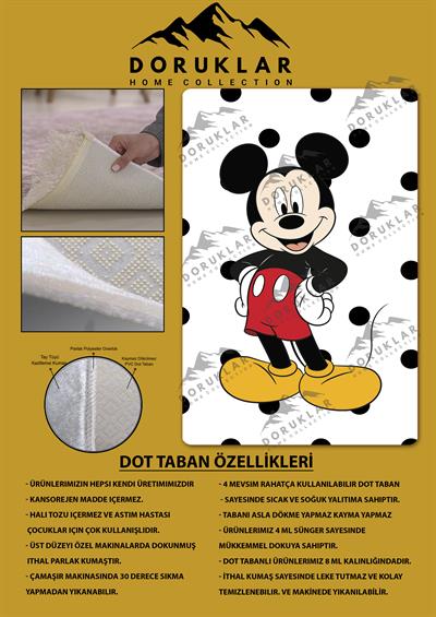 Kaymaz Taban Makinada Yıkanabilir Dijital Baskı Mickey Desenli Çocuk Odası Halısı Dot Taban Halı